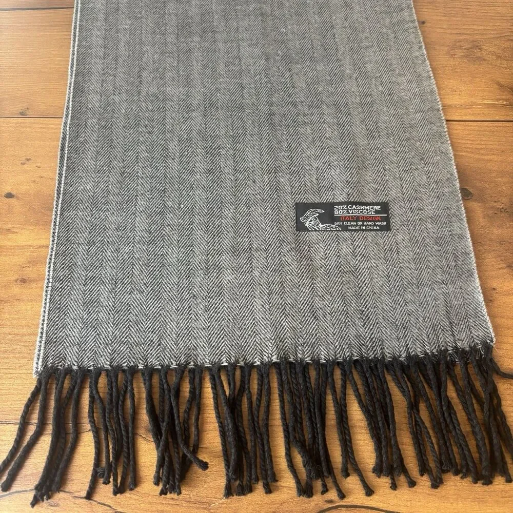 Italy Design Womens Scarf Rectangle Black Gray Cashmere Blend Fringe Hem